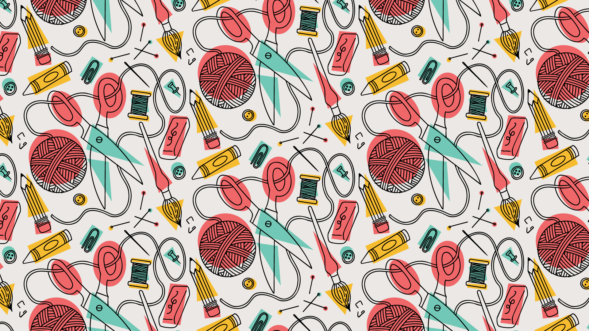 Illustrated pattern of art-making materials including scissors, crayons, pencils, yarn, pins, thread, and buttons with brightly colored shapes in school bus yellow, bright cherry red, and mint green.