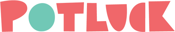 Logo of the word "Potluck" in blocky cherry red uppercase letters. The "O" is light mint blue-green as a reference to the planet Earth.